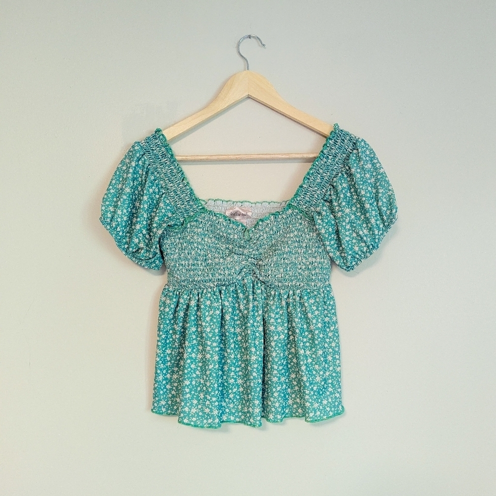 Willow + Root Smocked Green Floral Top